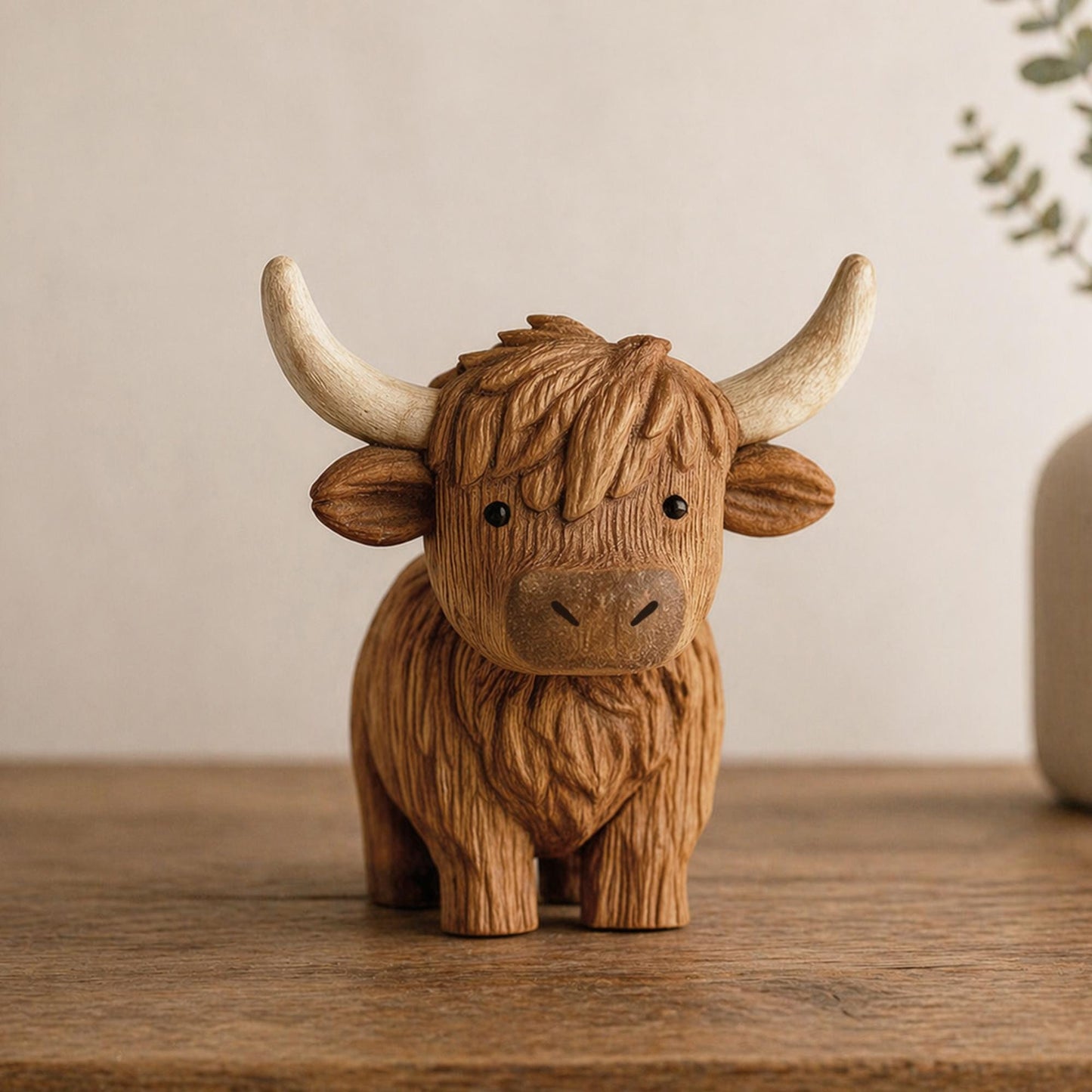 Hand Carving Wooden Highland Cow Figurine Desk Decor Cute Wood Farm Animal Sculpture Hand Carved Gift Minimalist Bookshelf Office Ornament
