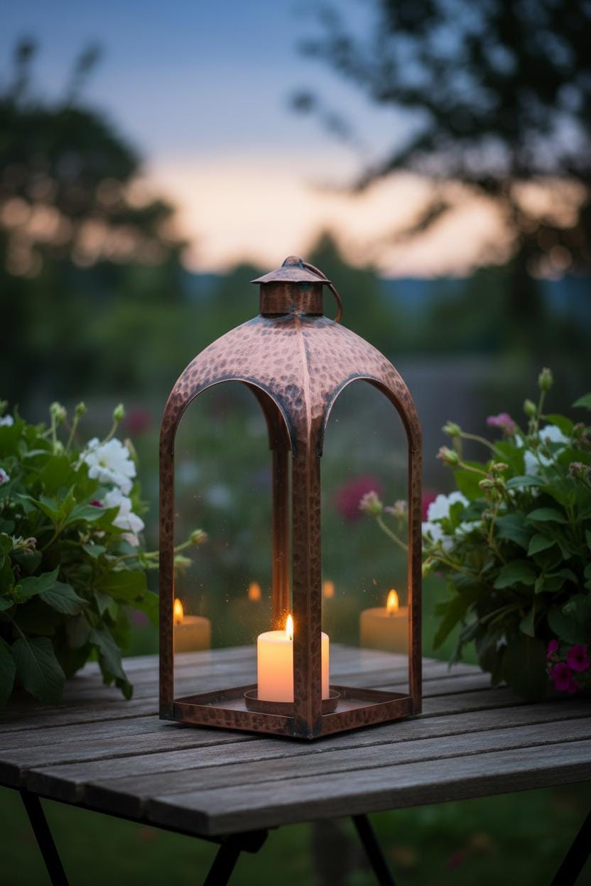 Handcrafted Copper Arch Lantern — Hand-Hammered Antique Patina, Indoor & Outdoor Candle Lantern