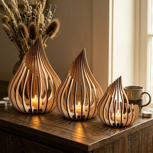 Natural Birch Wood Lanterns | Boho Laser-Cut Shadow Decor, Table Centrepiece Gift