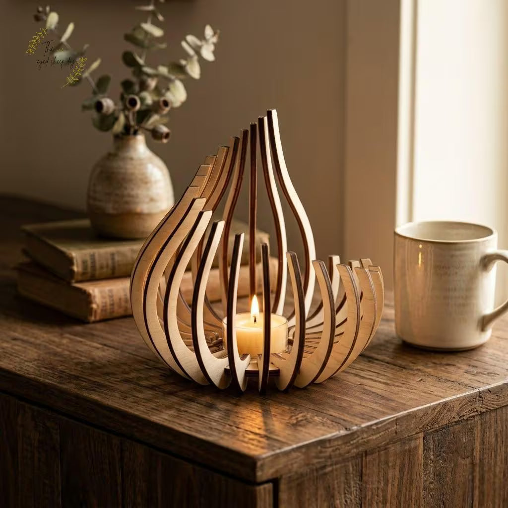 Natural Birch Wood Lanterns | Boho Laser-Cut Shadow Decor, Table Centrepiece Gift