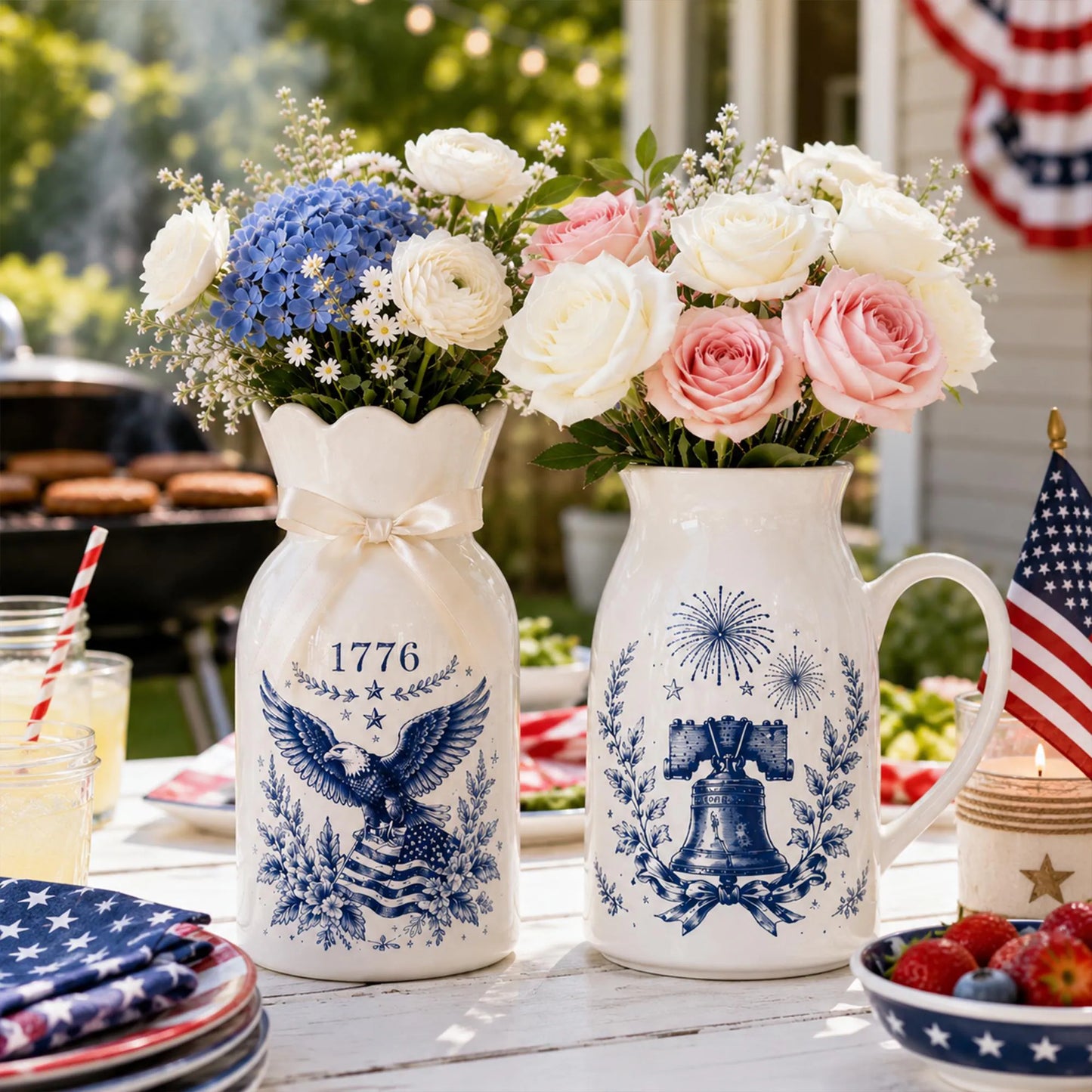 USA 250th Anniversary Ceramic Vase, Patriotic Eagle Flag Emblem 1776-2026, Independence Day Party Home Decor, Double-Sided Printing