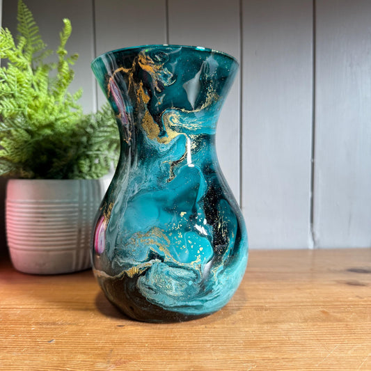 Hand Decorated 18cm Tall Teal Glass Vase: Silver Copper or Gold Finish