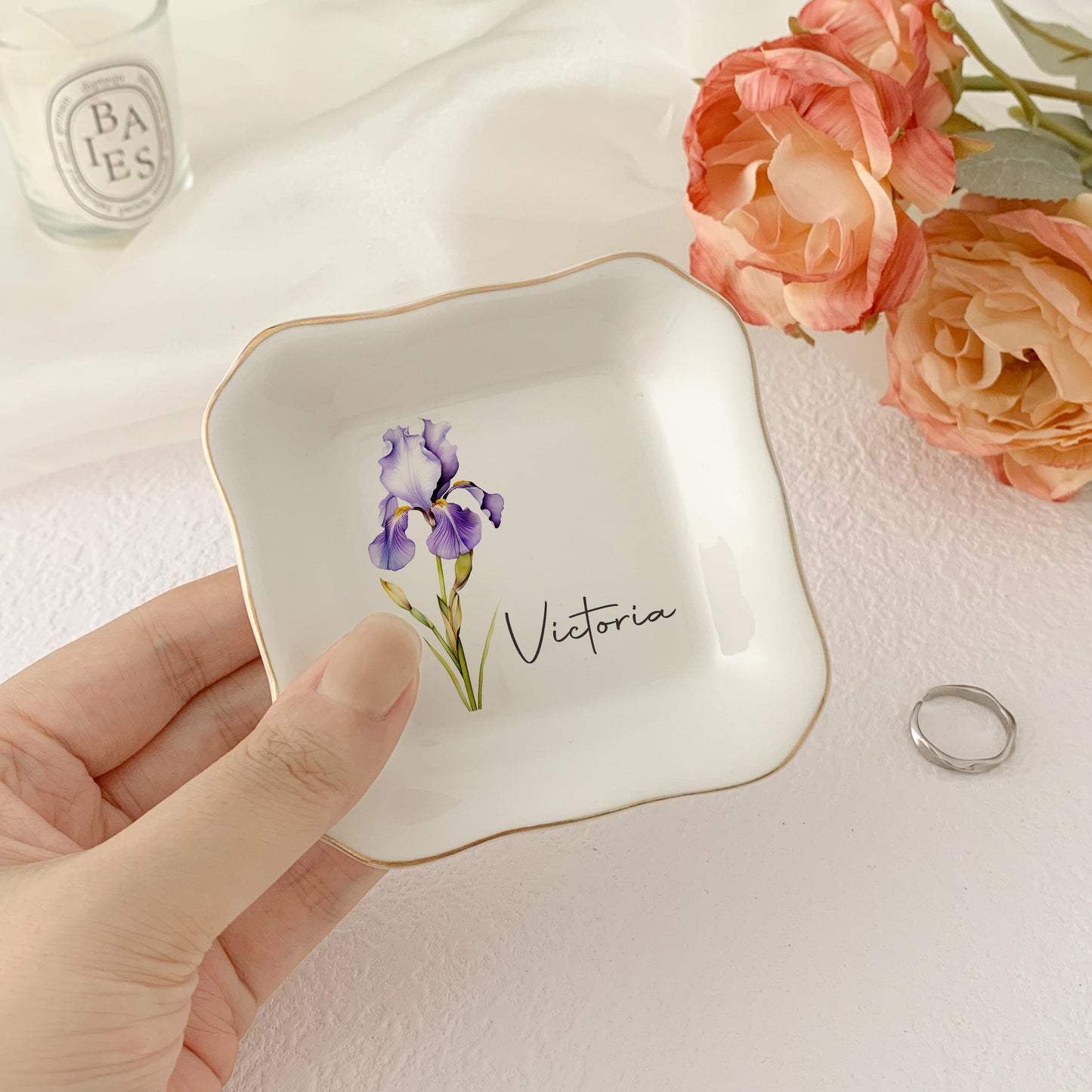 Personalised Birth Flower Trinket Dish/ Custom Watercolor Flower Ring Dish/ Christmas Gifts/ Wedding Bridesmaid Gift/ Birthday Jewelry Dish