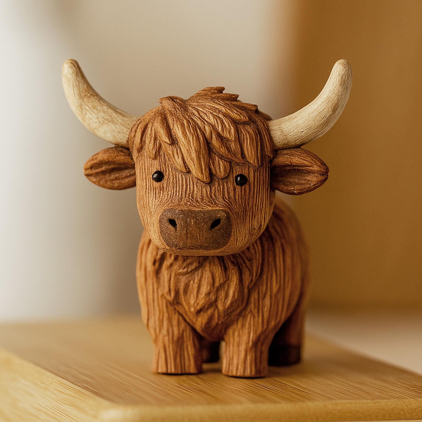 Hand Carving Wooden Highland Cow Figurine Desk Decor Cute Wood Farm Animal Sculpture Hand Carved Gift Minimalist Bookshelf Office Ornament
