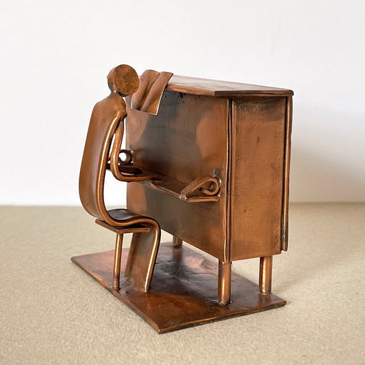 Alain Sicouly Copper Sculpture, Piano Player, Vintage Art Metal Statue
