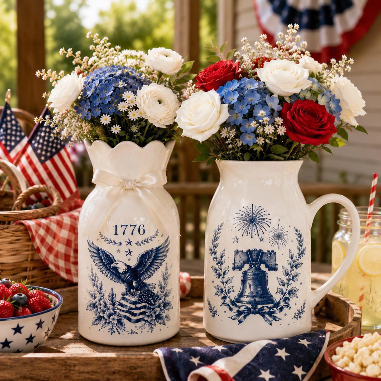 USA 250th Anniversary Ceramic Vase, Patriotic Eagle Flag Emblem 1776-2026, Independence Day Party Home Decor, Double-Sided Printing
