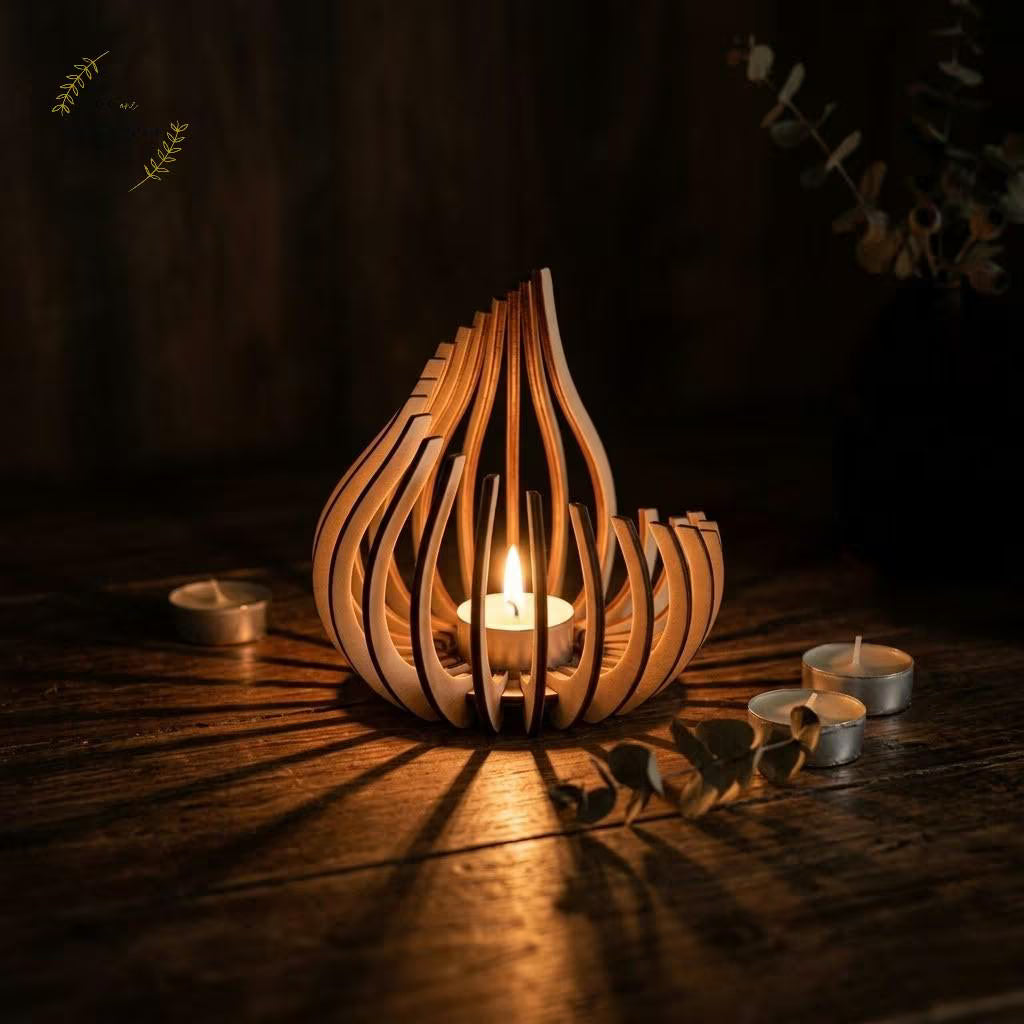 Natural Birch Wood Lanterns | Boho Laser-Cut Shadow Decor, Table Centrepiece Gift