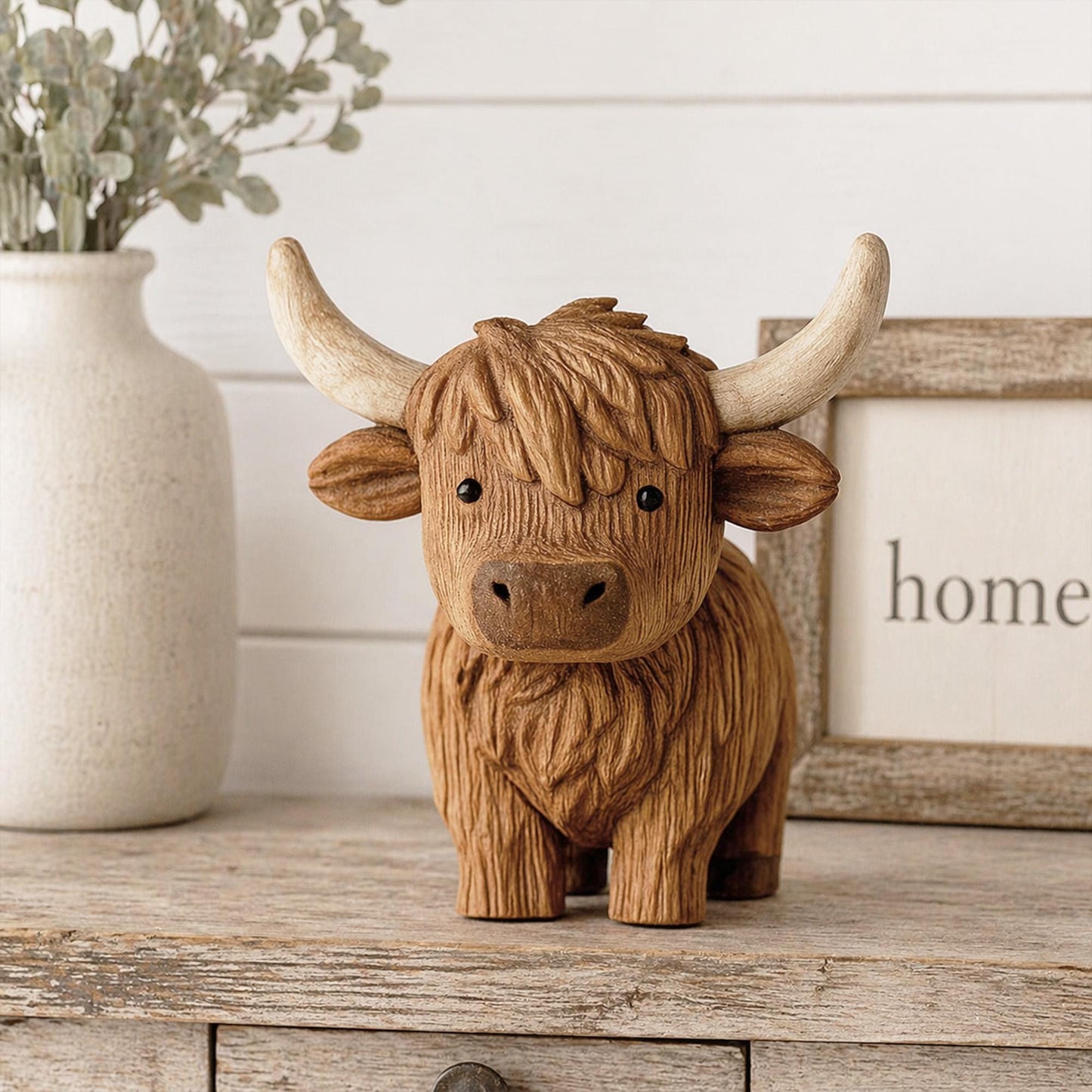 Hand Carving Wooden Highland Cow Figurine Desk Decor Cute Wood Farm Animal Sculpture Hand Carved Gift Minimalist Bookshelf Office Ornament