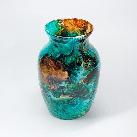 Tan and Teal Hand Painted Vase, Flower Vase, Resin Art Home Decor, Colorful Room Decor, Beautiful Glass Vase, Vibrant Accent Piece