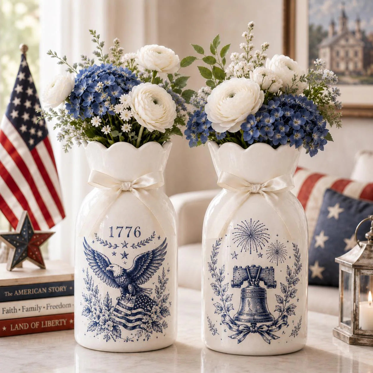 USA 250th Anniversary Ceramic Vase, Patriotic Eagle Flag Emblem 1776-2026, Independence Day Party Home Decor, Double-Sided Printing