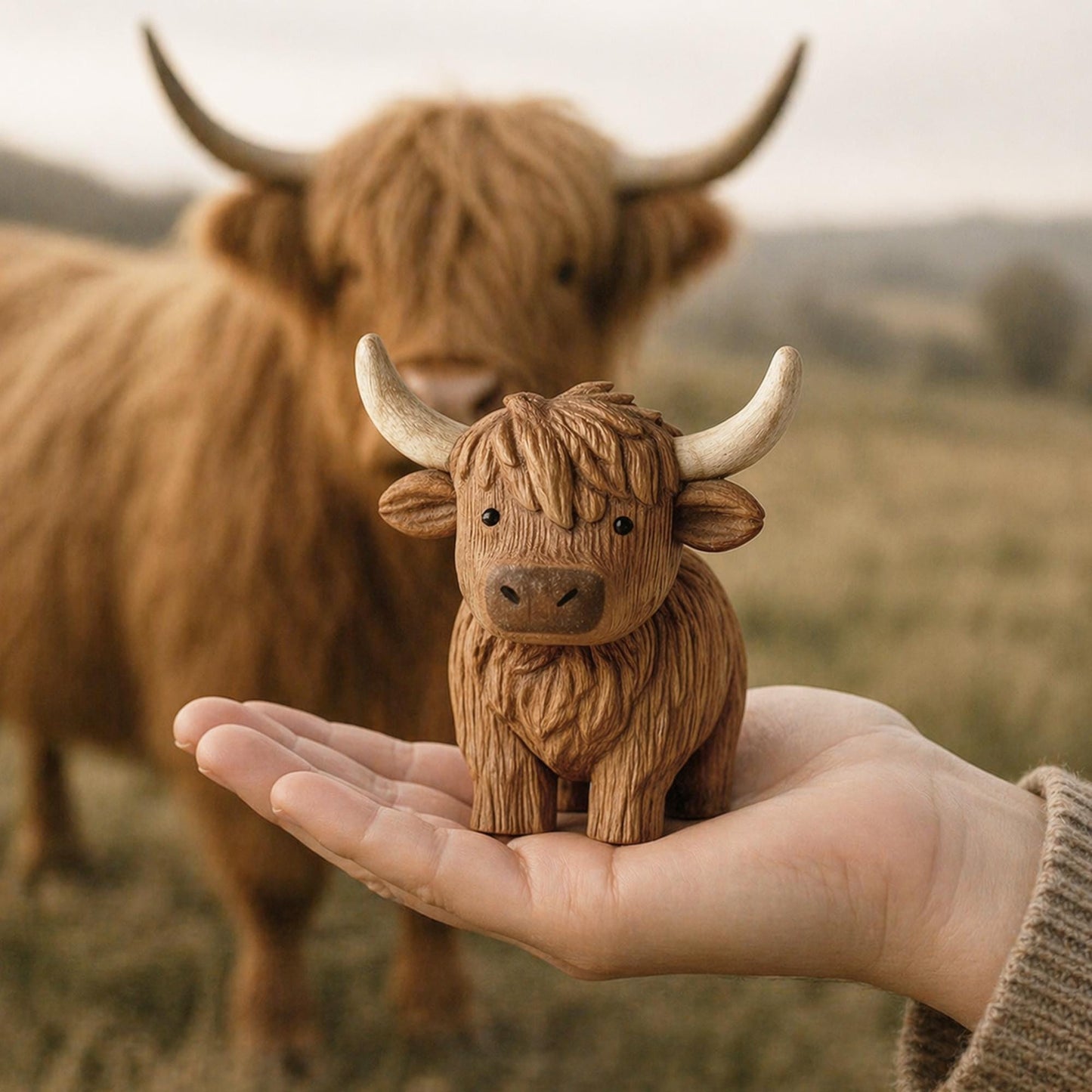 Hand Carving Wooden Highland Cow Figurine Desk Decor Cute Wood Farm Animal Sculpture Hand Carved Gift Minimalist Bookshelf Office Ornament