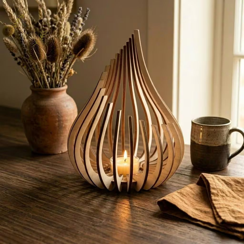 Natural Birch Wood Lanterns | Boho Laser-Cut Shadow Decor, Table Centrepiece Gift
