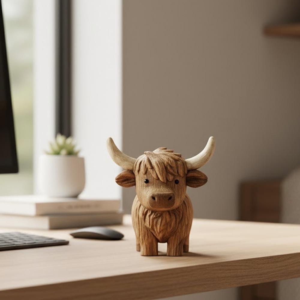 Hand Carving Wooden Highland Cow Figurine Desk Decor Cute Wood Farm Animal Sculpture Hand Carved Gift Minimalist Bookshelf Office Ornament