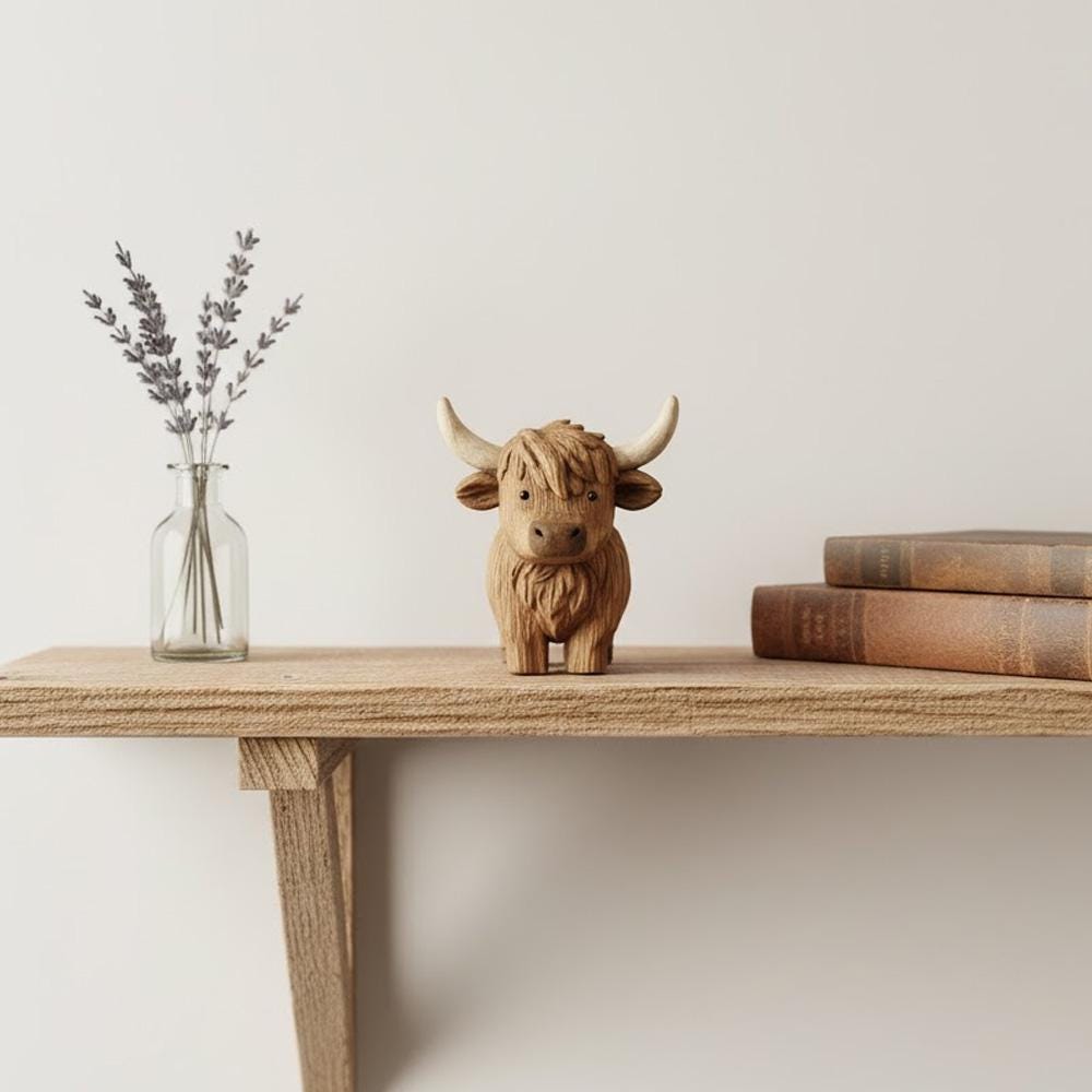 Hand Carving Wooden Highland Cow Figurine Desk Decor Cute Wood Farm Animal Sculpture Hand Carved Gift Minimalist Bookshelf Office Ornament