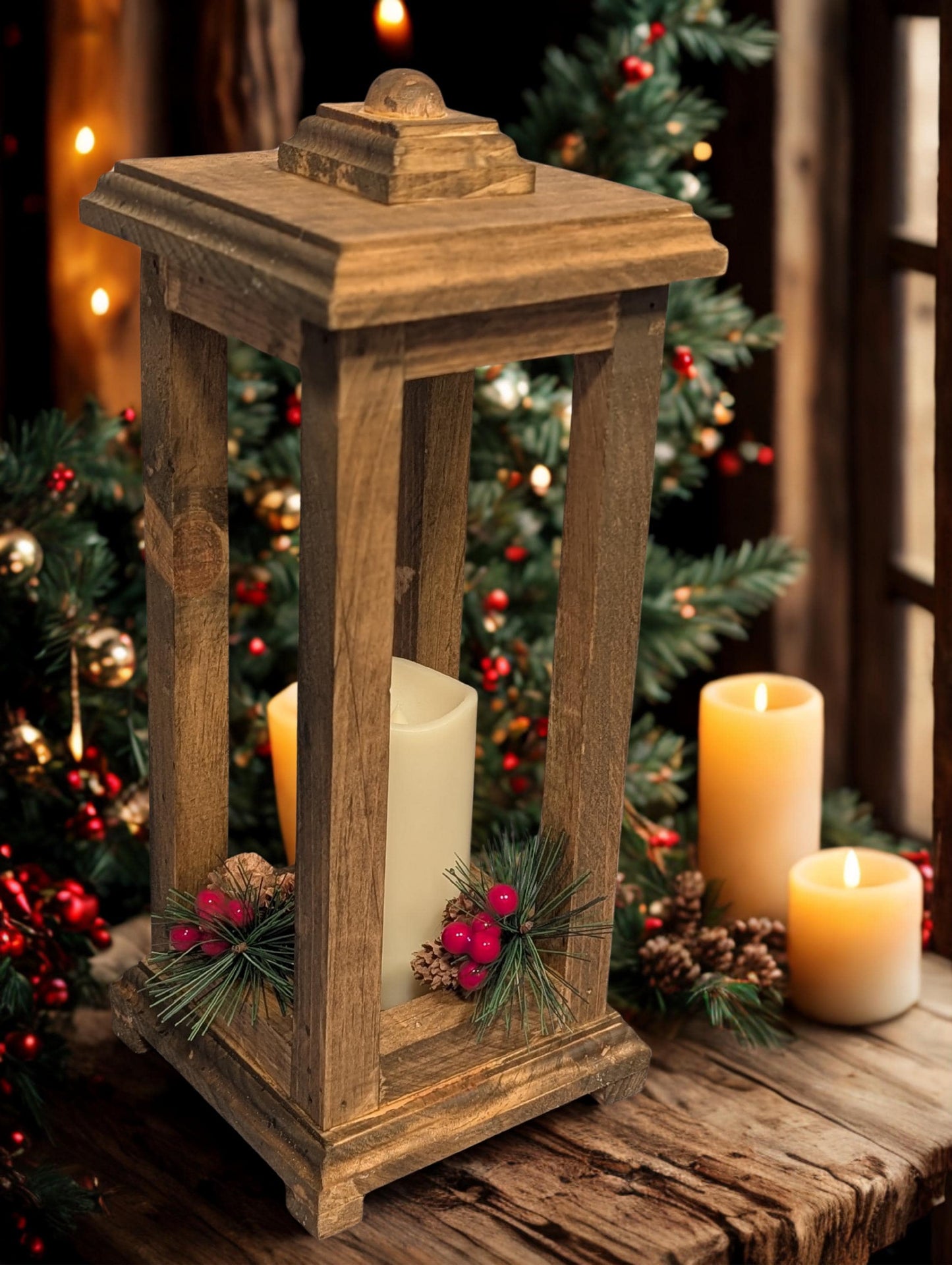 Rustic Wood Candle Lantern: Farmhouse Wedding Centerpiece