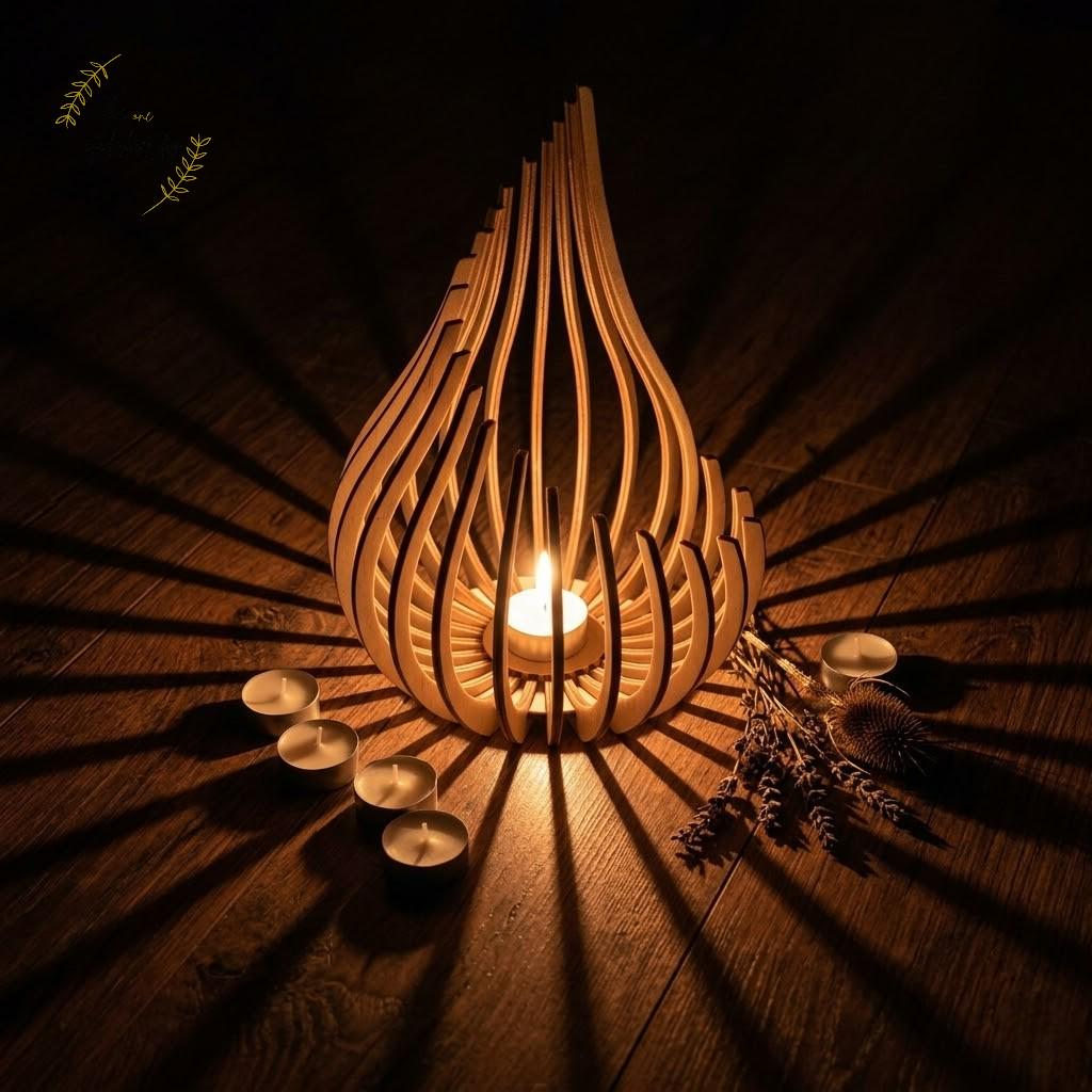 Natural Birch Wood Lanterns | Boho Laser-Cut Shadow Decor, Table Centrepiece Gift