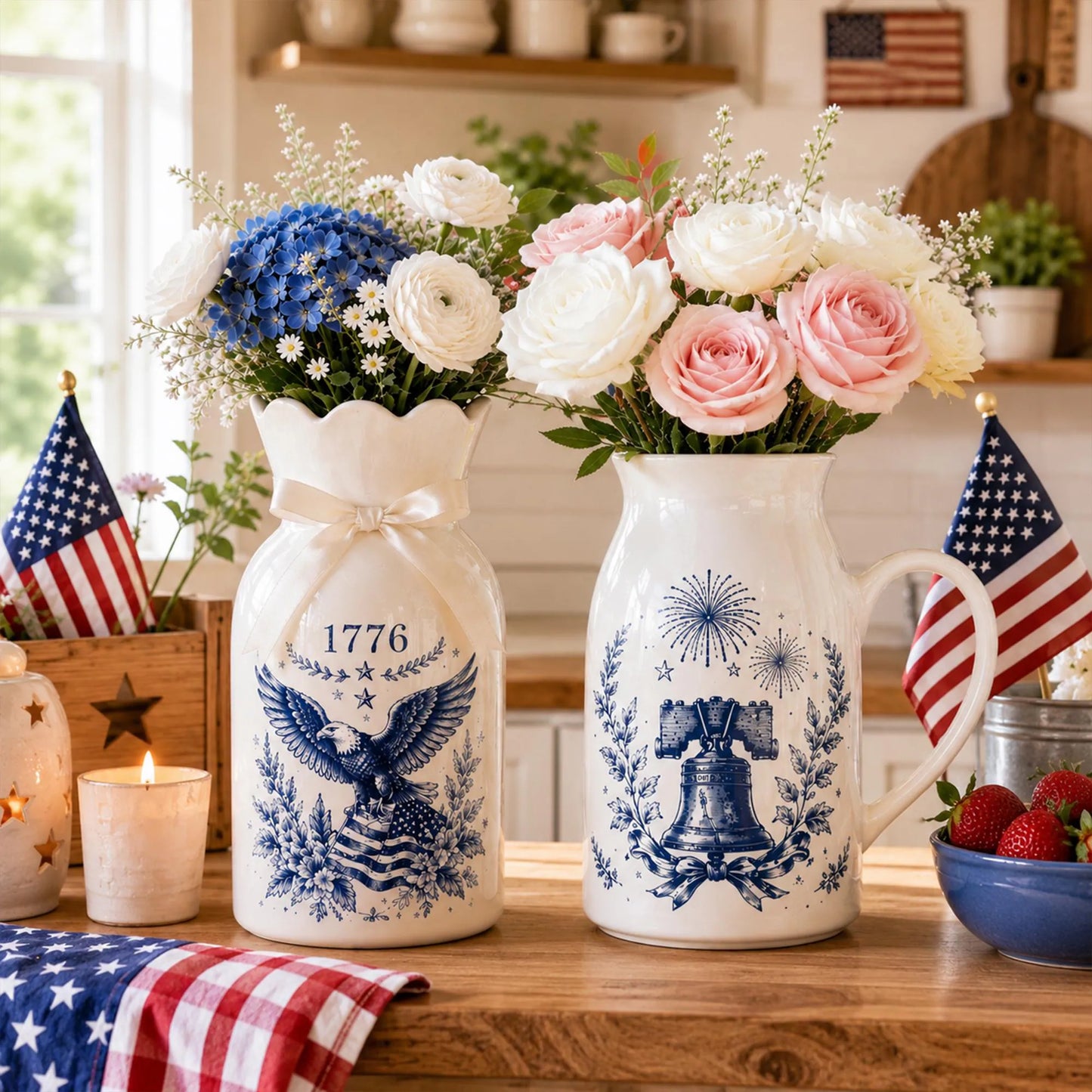 USA 250th Anniversary Ceramic Vase, Patriotic Eagle Flag Emblem 1776-2026, Independence Day Party Home Decor, Double-Sided Printing