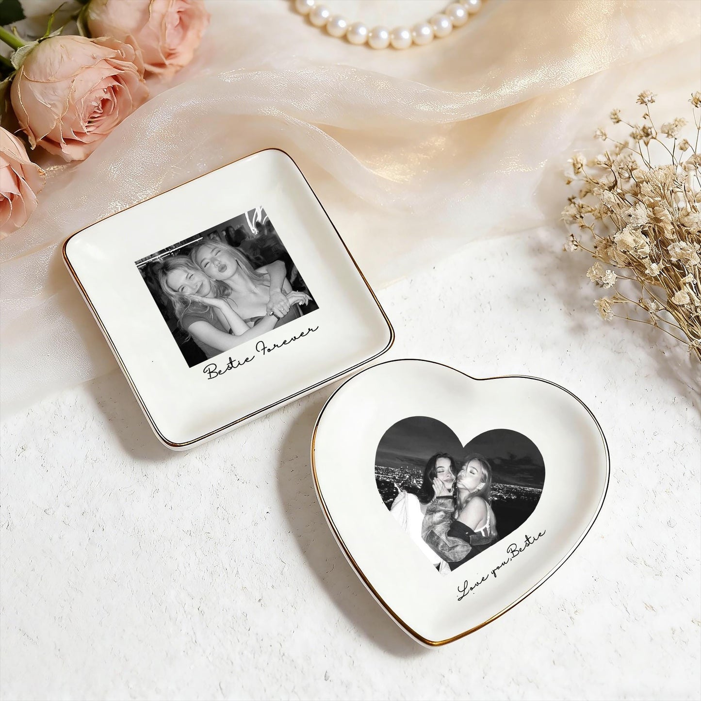 Personalised Bestie Photo Trinket Dish, Custom Jewelry Ring Dish, Bridesmaid Proposal, Ceramic Trinket Tray for Best Friend, Wedding Gift