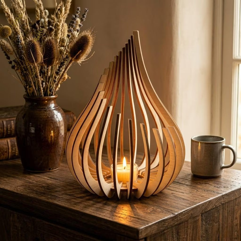 Natural Birch Wood Lanterns | Boho Laser-Cut Shadow Decor, Table Centrepiece Gift