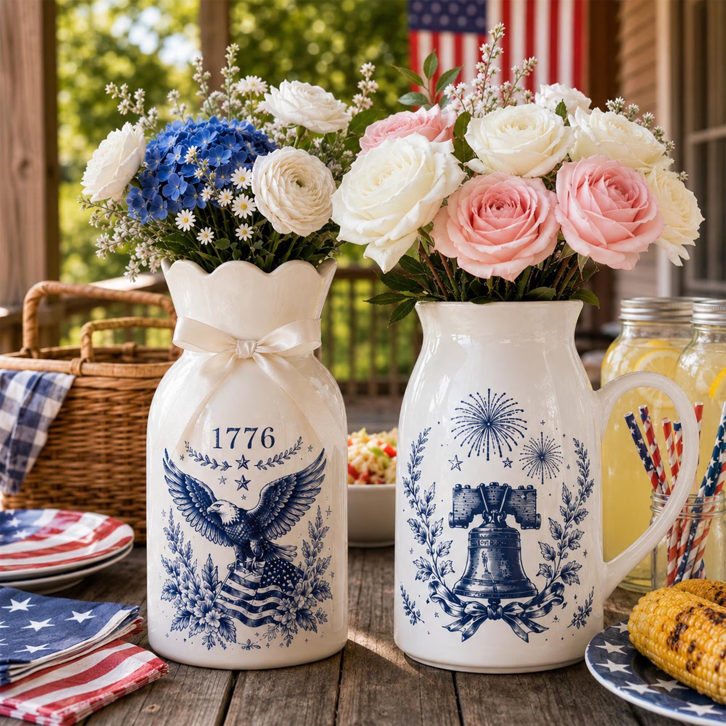 USA 250th Anniversary Ceramic Vase, Patriotic Eagle Flag Emblem 1776-2026, Independence Day Party Home Decor, Double-Sided Printing