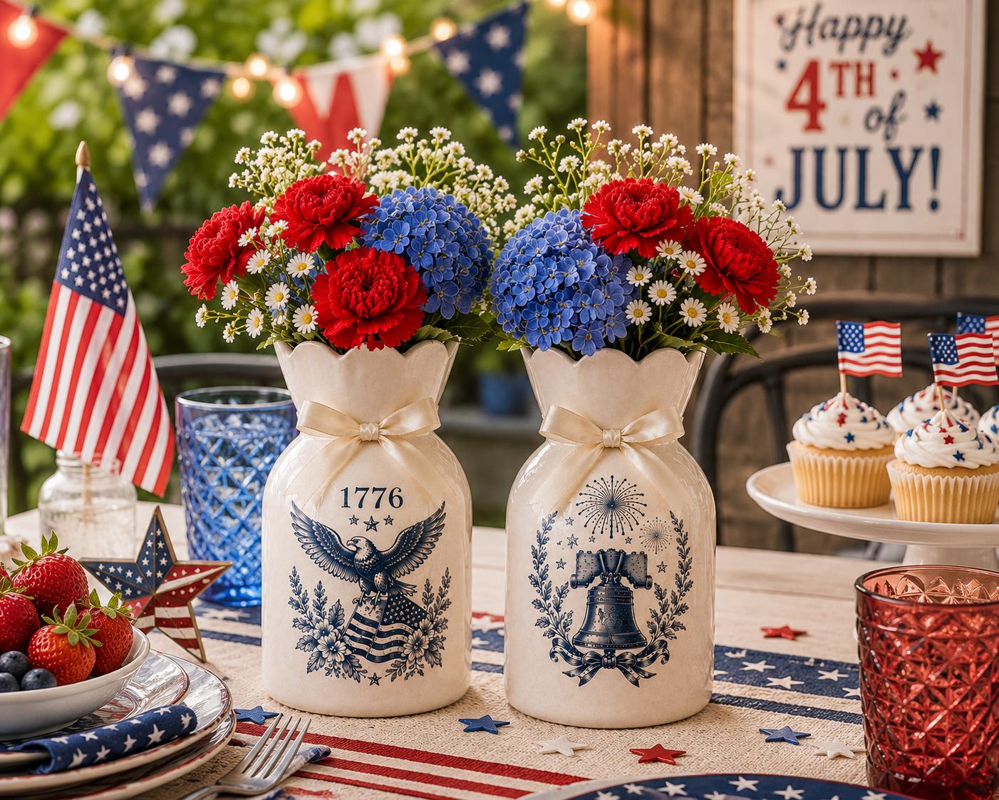 USA 250th Anniversary Ceramic Vase, Patriotic Eagle Flag Emblem 1776-2026, Independence Day Party Home Decor, Double-Sided Printing