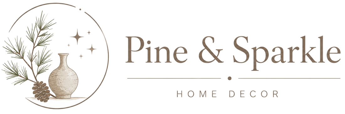 Logo for Pine & Sparkle Home Decor featuring a vase and pine branches on a white background.